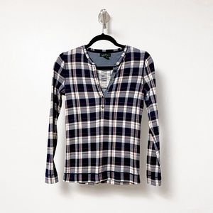 Lauren Ralph Lauren Winter Fall Prep Casual Chic Plaid Long Sleeve Henley Shirt